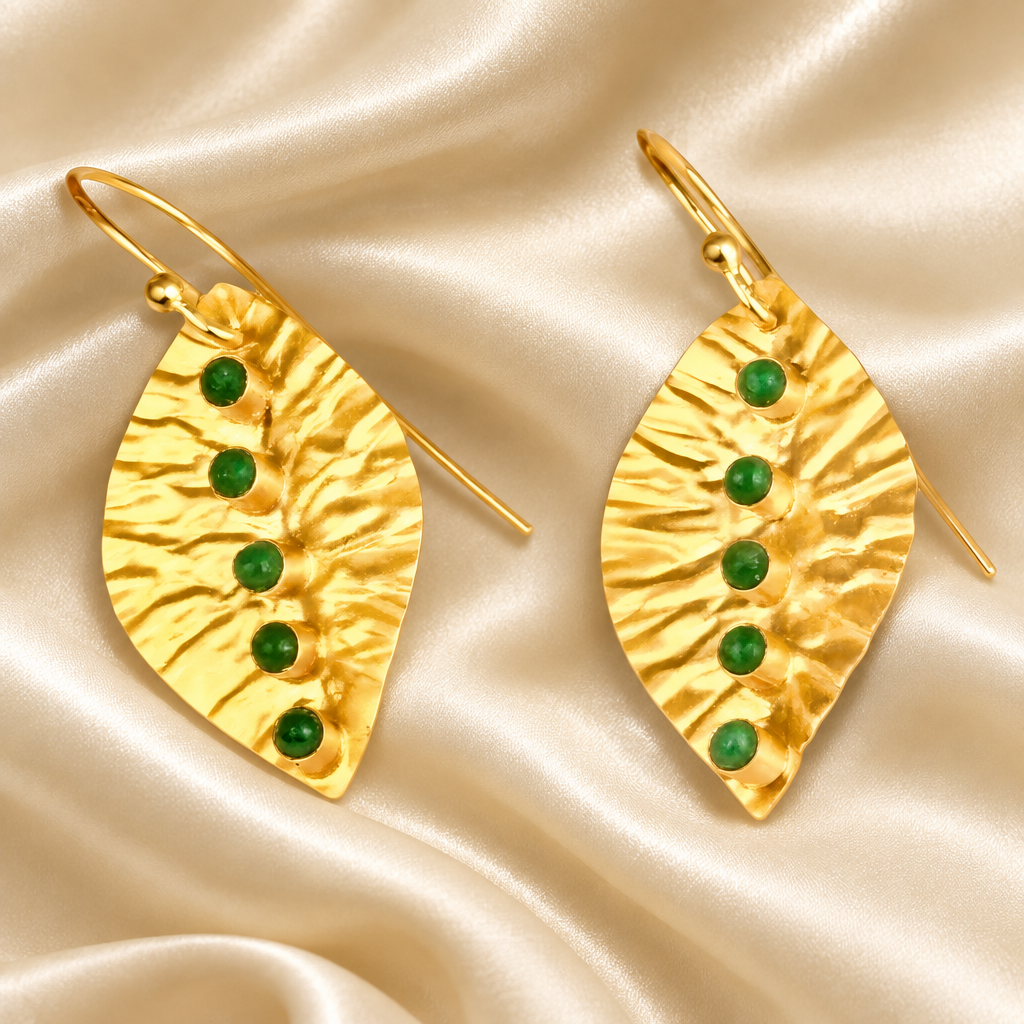 Petite 22k Gold Leaf Emerald Gemstone Earrings 1.0"