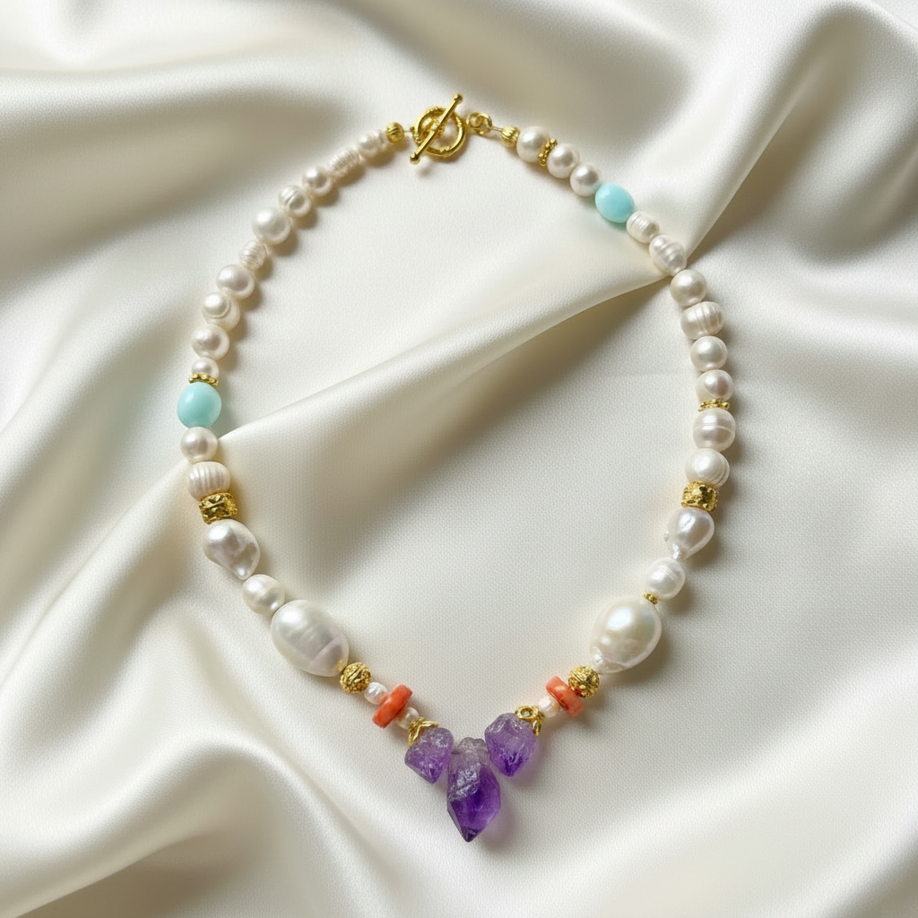 Amalfi Raw Amethyst, Freshwater Pearl & Coral Statement Necklace | One-of-a-Kind Luxury Necklace