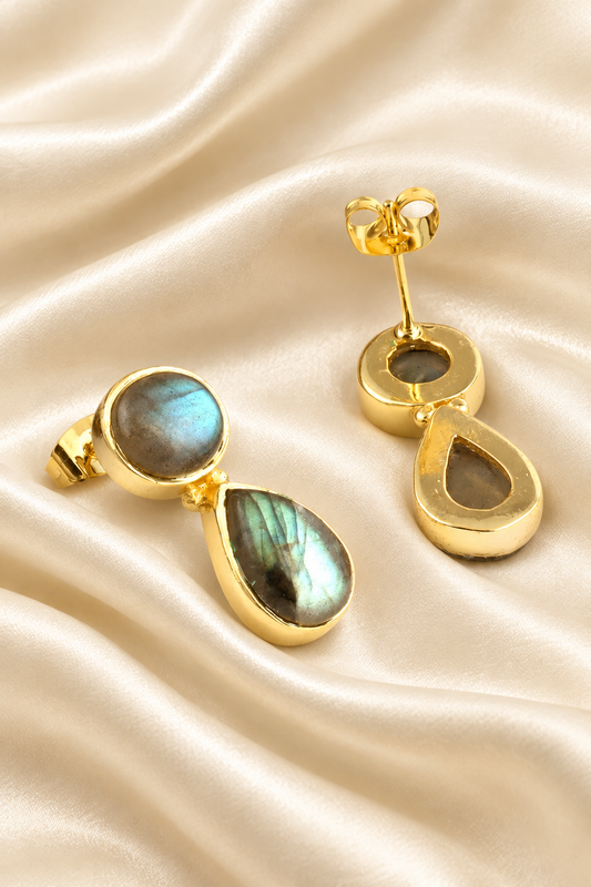 Iridescent Fire Labradorite Gemstone Stud Dangle Earrings 1.25