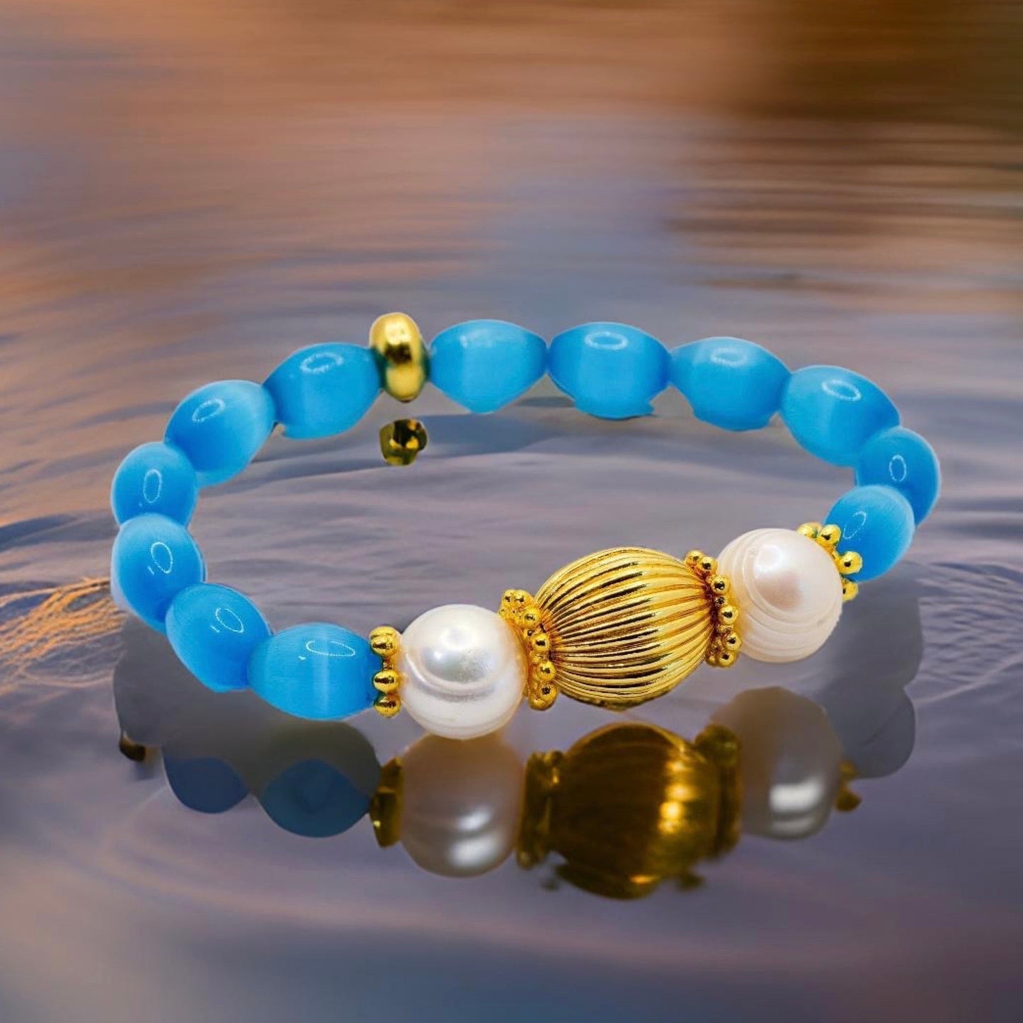 Capri Mexican Fire Opal & Freshwater Pearl Gold-Filled Statement Bracelet | One-of-a-Kind Luxury Bracelet