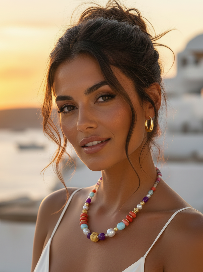 Ibiza Sunset Coral, Pearl & Turquoise Statement Necklace | One-of-a-Kind