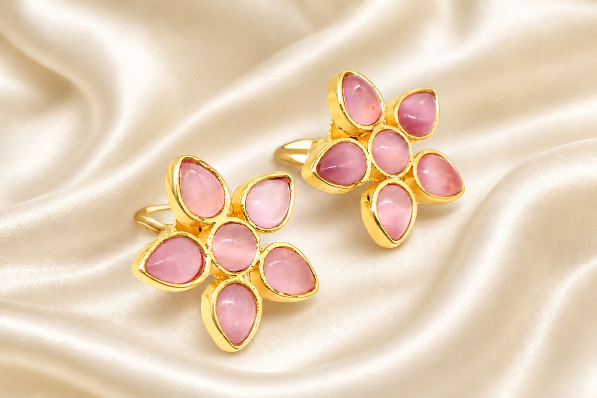 Flower Pink Kunzite and Cat’s Eye Gemstone Stud Earrings 1”