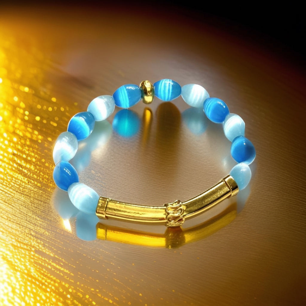 Capri Sky Blue Mexican Fire Opal & Gold Vermeil Bali Bracelet | One-of-a-Kind