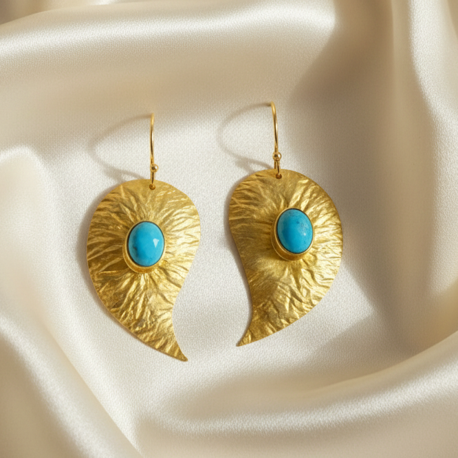 Capri One-of-a-Kind Hammered Gold Leaf & Sleeping Beauty Turquoise Sculptural Drop Earrings