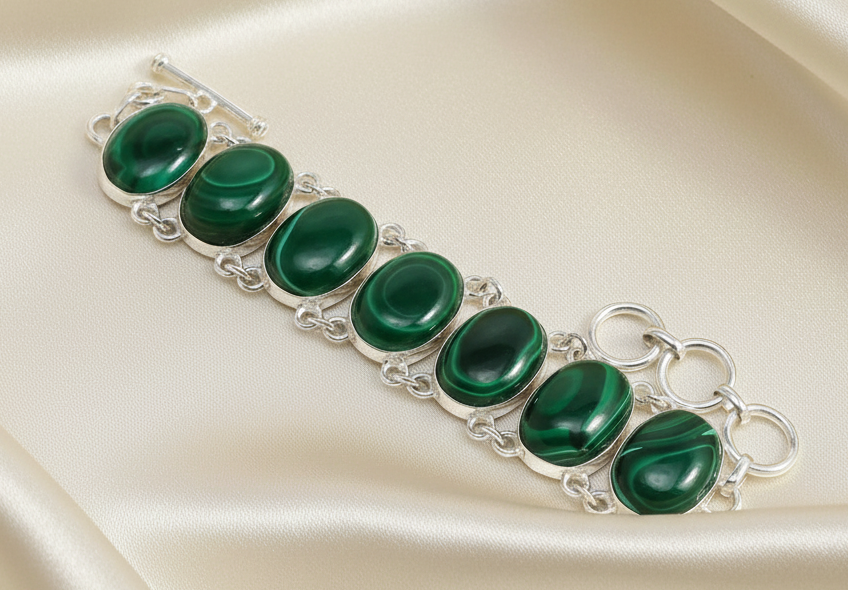 One-of-a-Kind Montecito Malachite Sterling Silver Statement Bracelet