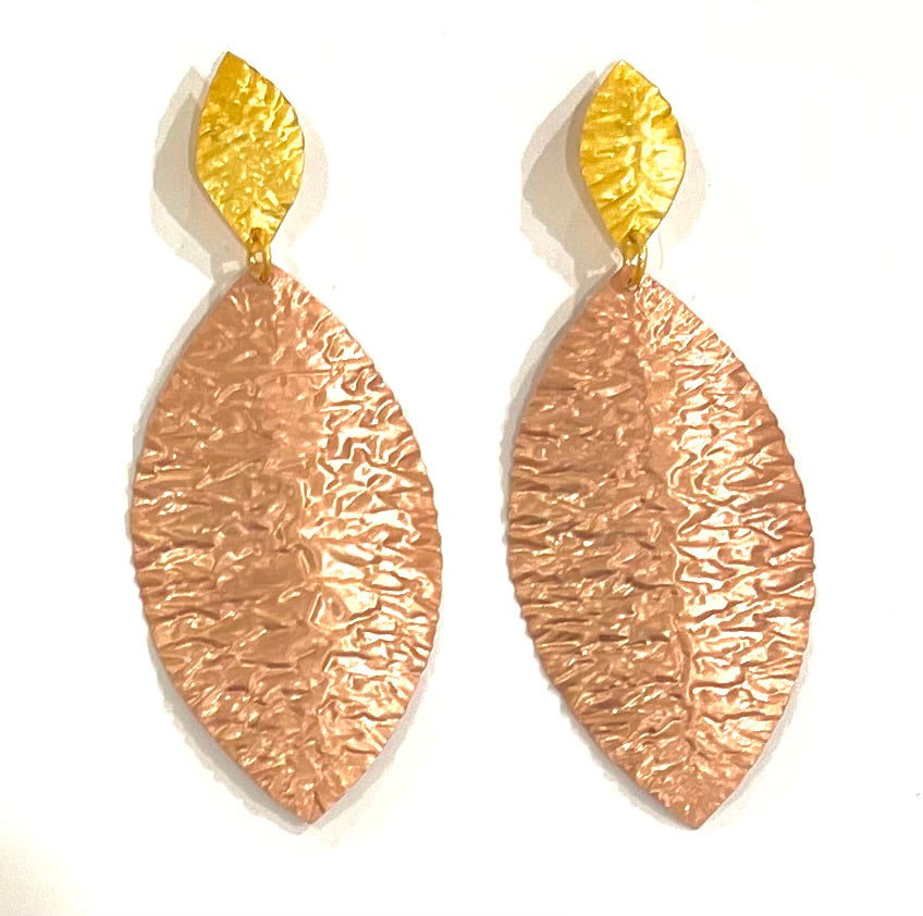 Two-Tone Silver and Rose Gold Hammered Dangle Earrings 2”