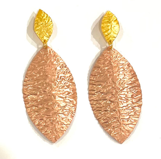 Two-Tone Silver and Rose Gold Hammered Dangle Earrings 2”