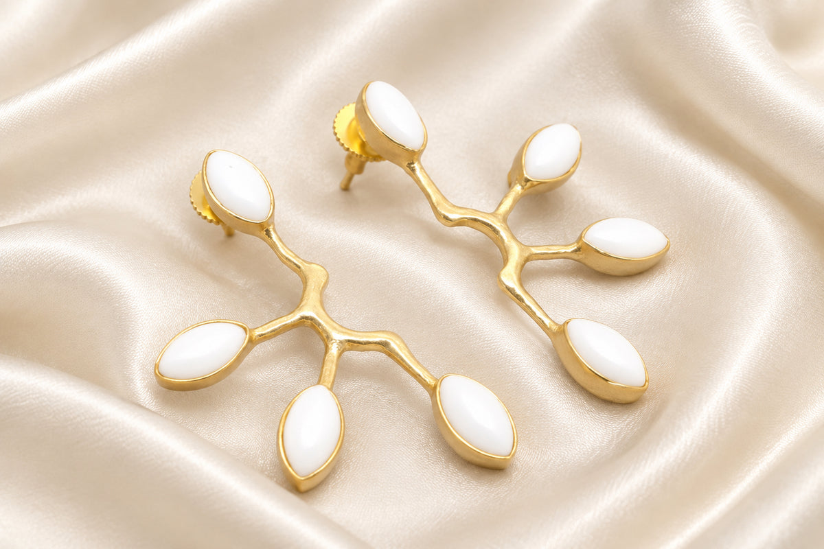 White Agate Marquis Sun Ray Statement Earrings 2”