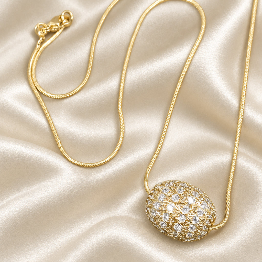 Gold Micro Pave Oval Egg Pendant Chain Necklace 18"