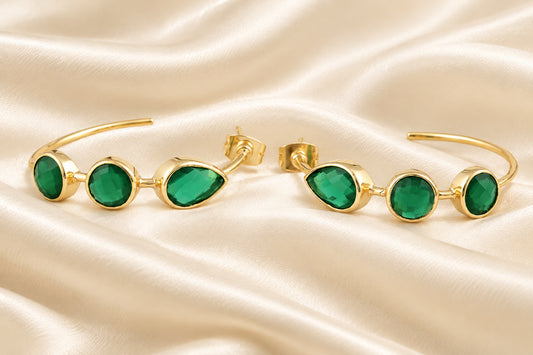 Quartz Gemstone Gold Hoop Earrings - Swiss Blue, Emerald & Blue Iolite Quartz - 14k Gold Plated 1.25”