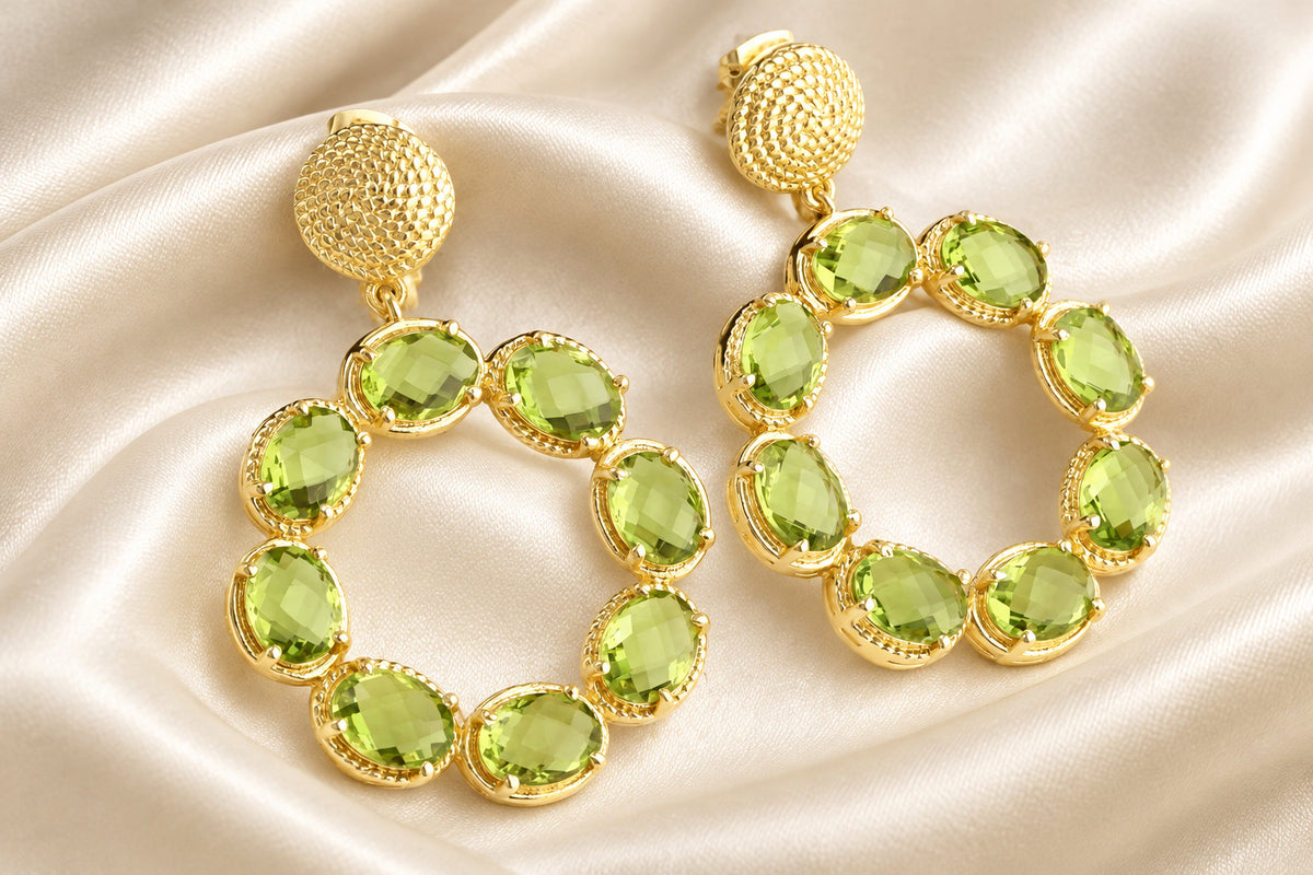 Green Peridot Gemstones Gold Twisted Statement Earrings 2”