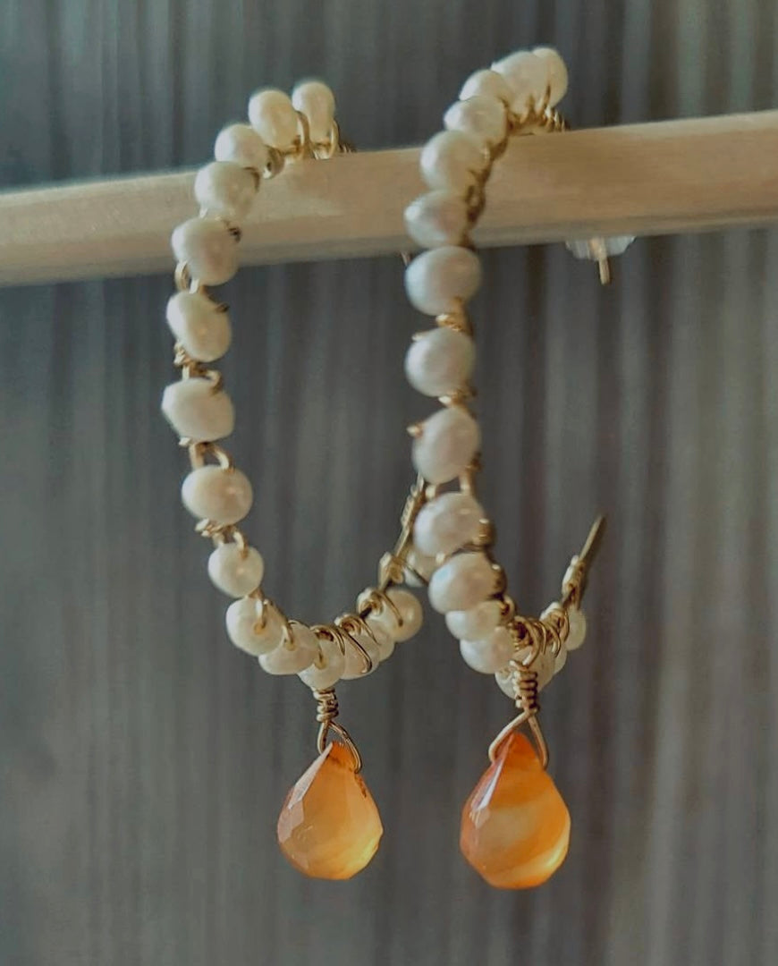 Gold Wire-Wrapped Freshwater Pearl & Carnelian Hoop Earrings