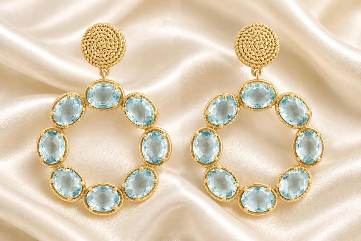 Light Blue Swiss Quartz Gemstones Gold Twisted Statement Earrings 2”