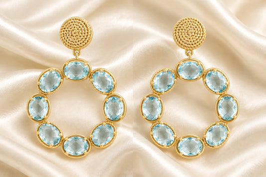 Light Blue Swiss Quartz Gemstones Gold Twisted Statement Earrings 2”
