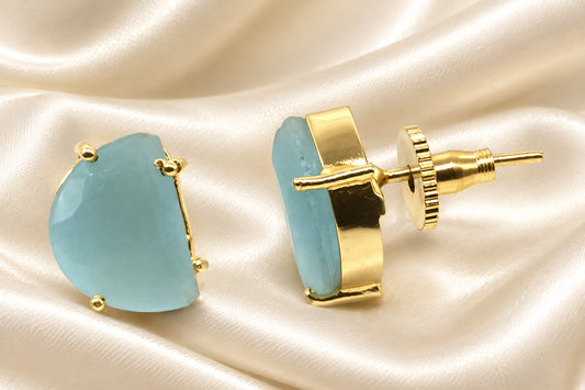 Aqua Chalcedony Demi-Sphere Shaped Gemstone Stud Earrings 1