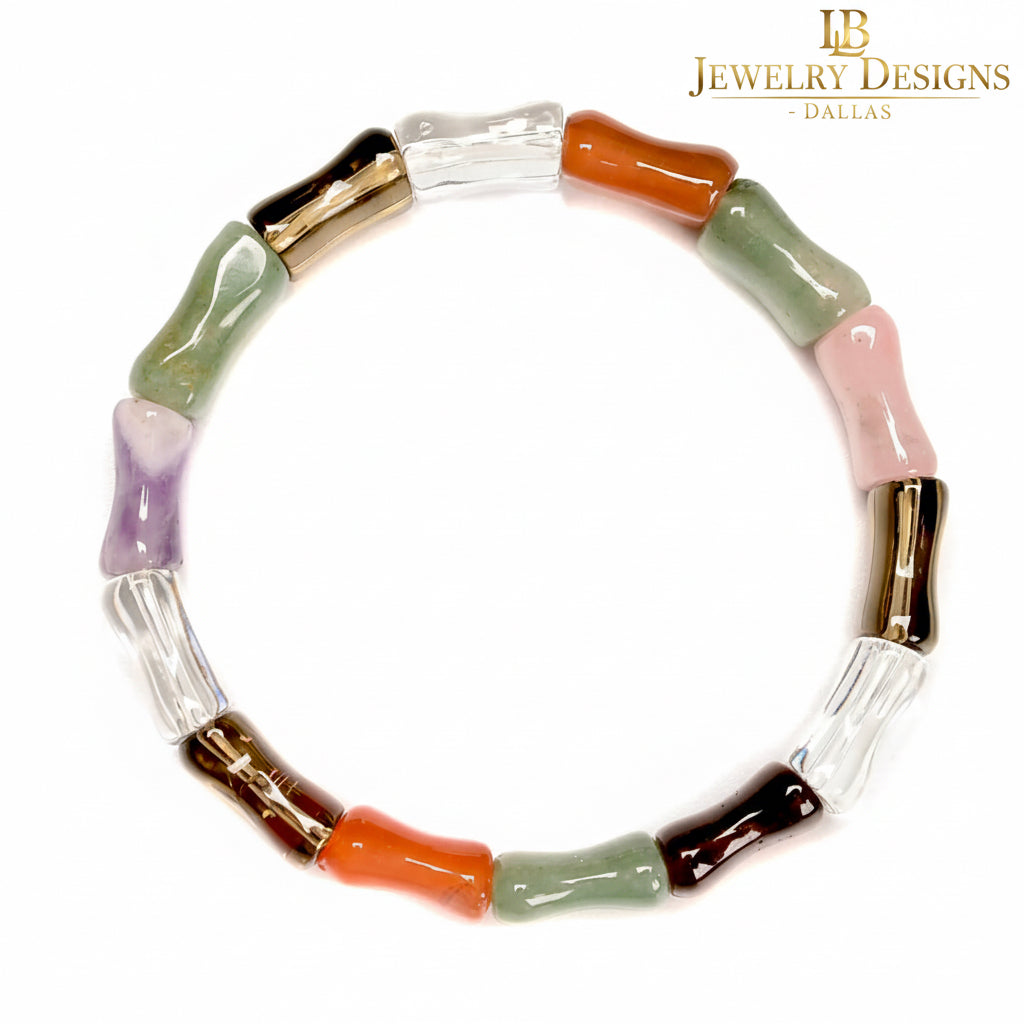 Multicolor Gemstone Bamboo Bracelet – Carnelian, Tiger’s Eye, Amethyst & Aventurine