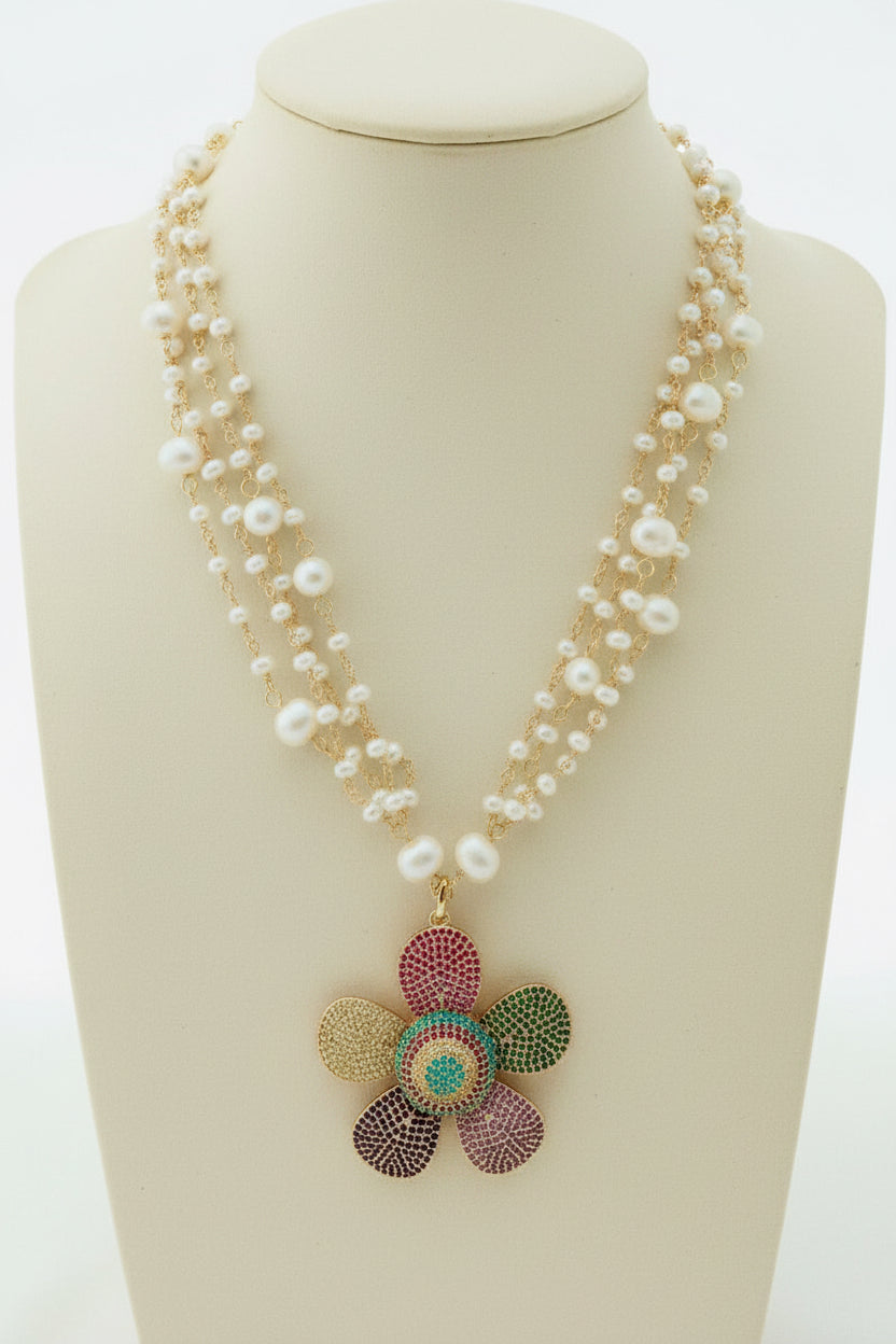 Capri Pearl Blossom Gold-Filled Statement Necklace | One-of-a-Kind Luxury Necklace