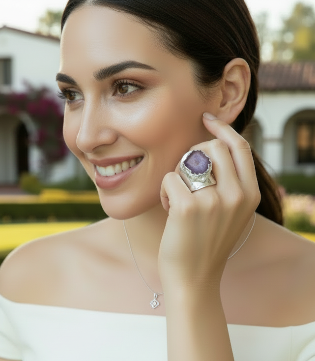 Montecito Purple Solar Geode Sterling Silver Statement Ring | One of a Kind