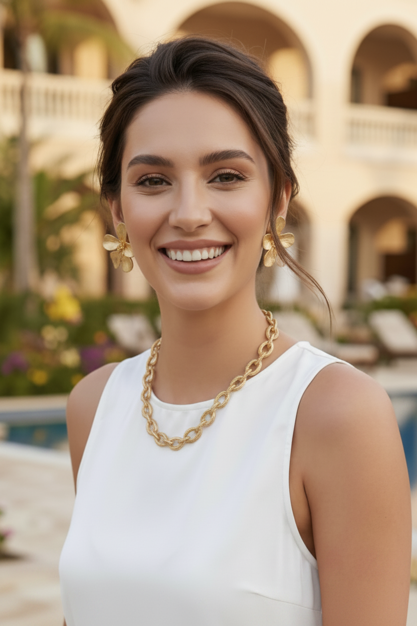 Montecito Gold Link Necklace & Vermeil Floral Stud Earring Set - Coastal Luxury Jewelry