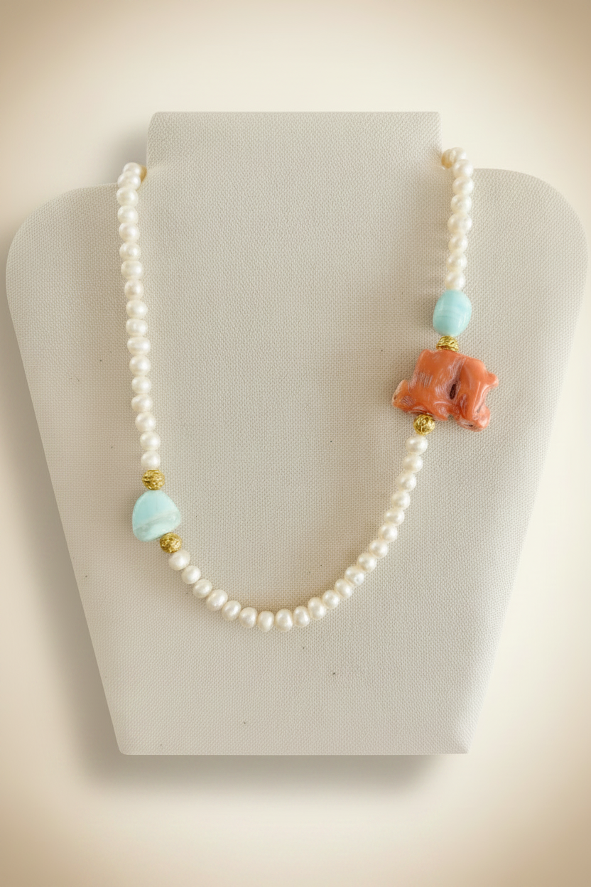 Montecito Coral, Blue Opal & Freshwater Pearl Resort Statement Necklace | One-of-a-Kind Coastal Luxury