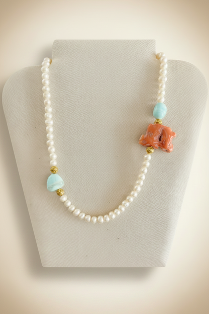 Montecito Coral, Blue Opal & Freshwater Pearl Resort Statement Necklace | One-of-a-Kind Coastal Luxury