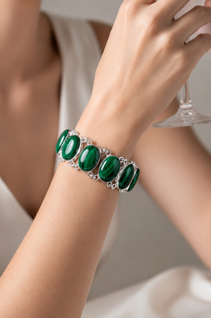 One-of-a-Kind Montecito Malachite Sterling Silver Statement Bracelet