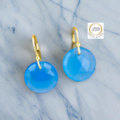 Blue Chalcedony Gold Earrings 1.5”