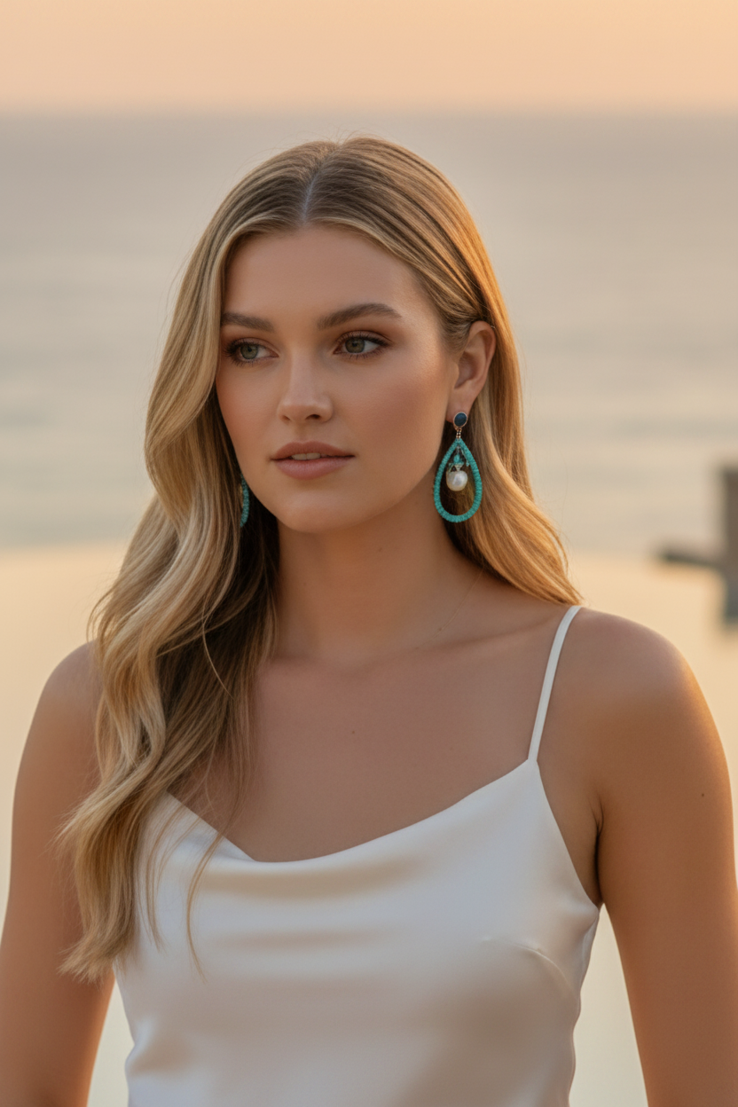 Montecito Lapis, Turquoise & Coin Pearl Statement Earrings | Coastal Resort Luxury