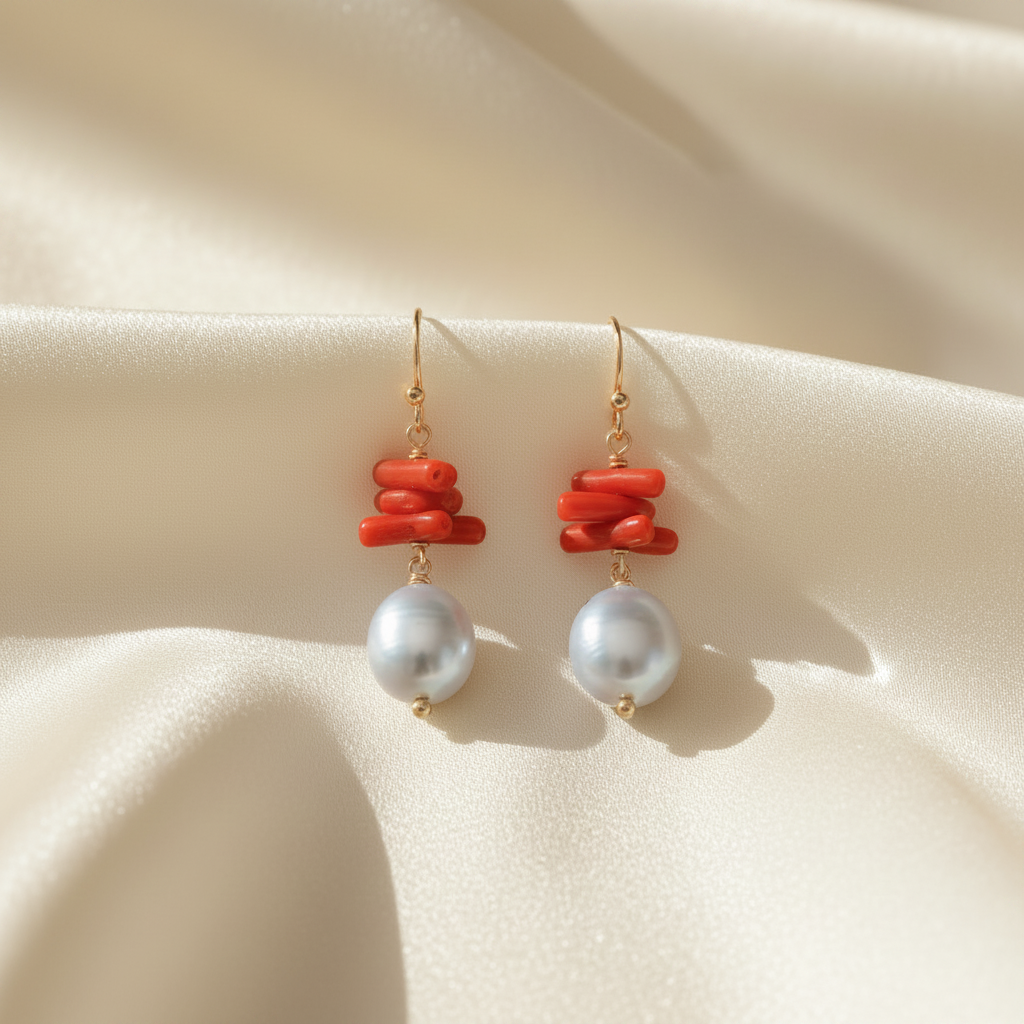 Ibiza Rosso Coral & Baroque Pearl One-of-a-Kind Jewelry Set – Coastal Luxury Coral Necklace & Pearl Drop Earrings