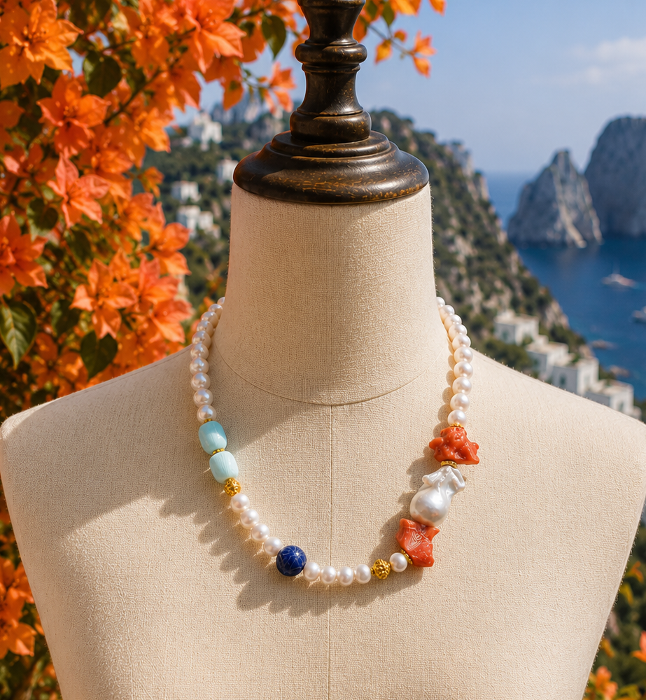 Capri Coral, Baroque Pearl, Opal & Lapis Lazuli Resort Statement Necklace