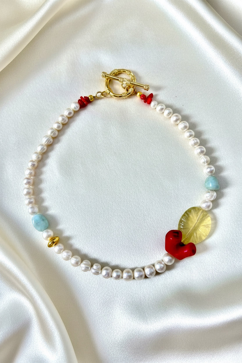 Amalfi Coral, Lemon Quartz & Freshwater Pearl Statement Necklace | One-of-a-Kind Luxury Necklace