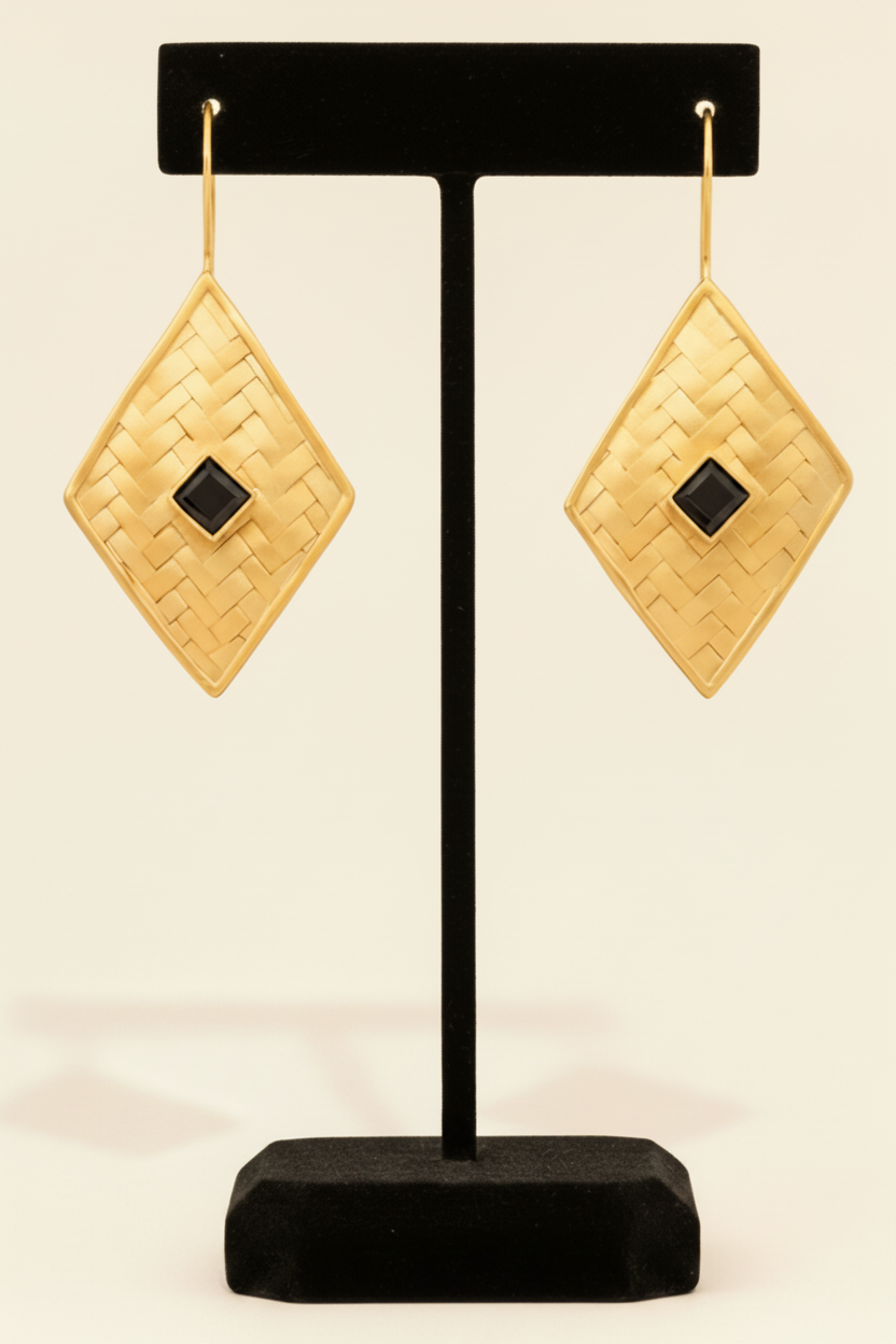 Capri Noir Black Onyx Basket Weave Gold Vermeil Statement Earrings