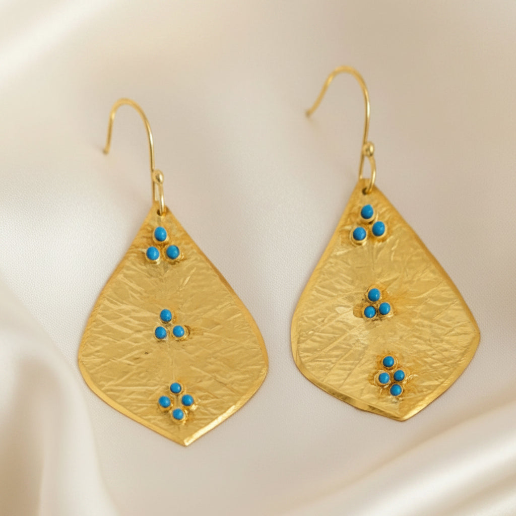Capri Hammered Gold Leaf Turquoise Statement Earrings – 22k Gold Vermeil Resort Jewelry