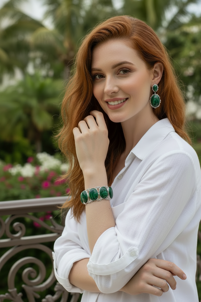 One-of-a-Kind Montecito Malachite Sterling Silver Statement Bracelet