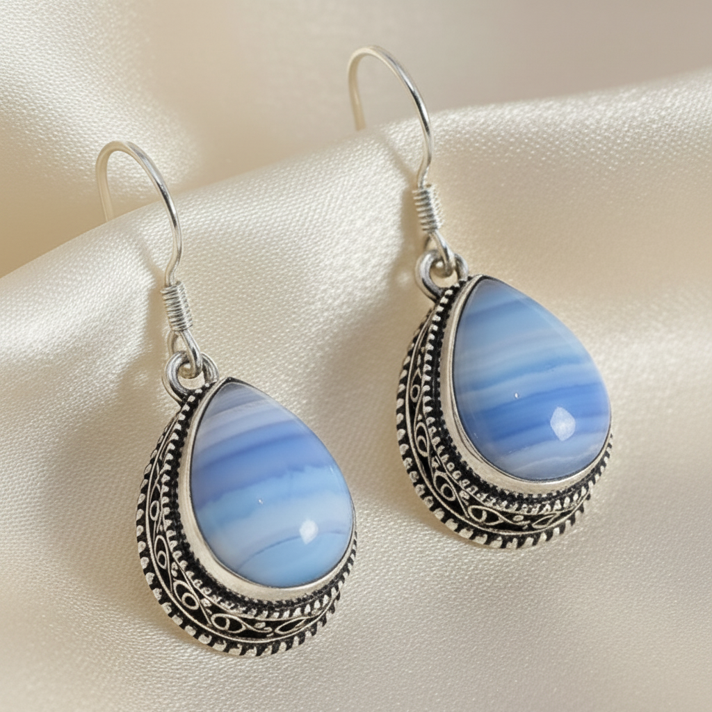 Capri Blue Lace Agate Sterling Silver Teardrop Earrings