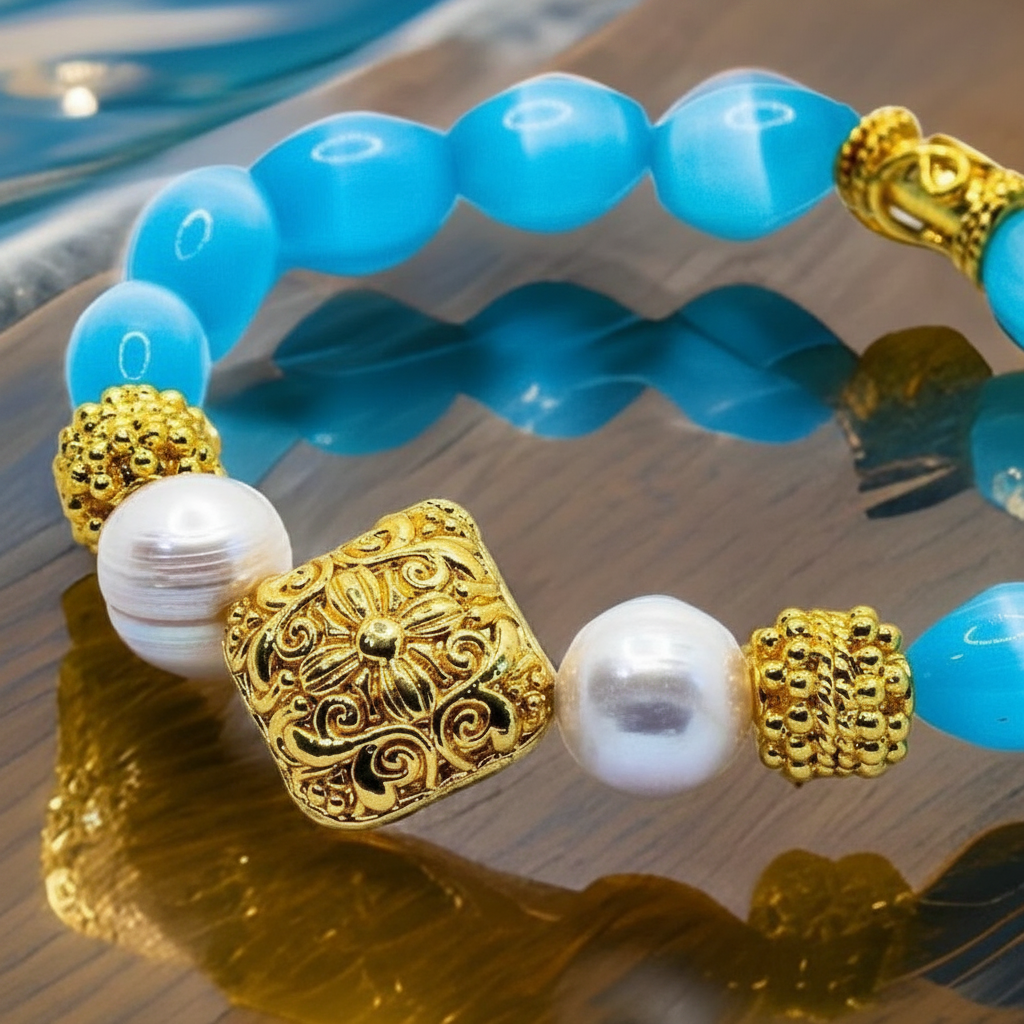 Capri Sky Blue Mexican Fire Opals & Freshwater Pearl Gold Vermeil Bracelet | One-of-a-Kind Luxury Bracelet