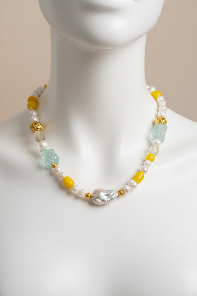 Amalfi Sea Glass, Lemon Quartz & Baroque Pearl Statement Necklace