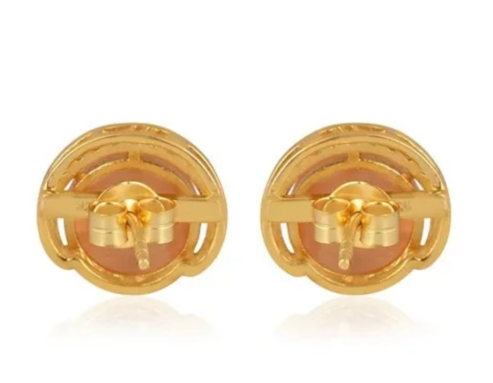 Crescent Moon Peach Moonstone Gold Stud Earrings