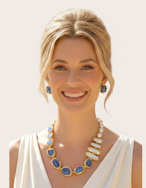 Capri Azure Kyanite & Pearl Statement Necklace Set - Luxury Resort Jewelry