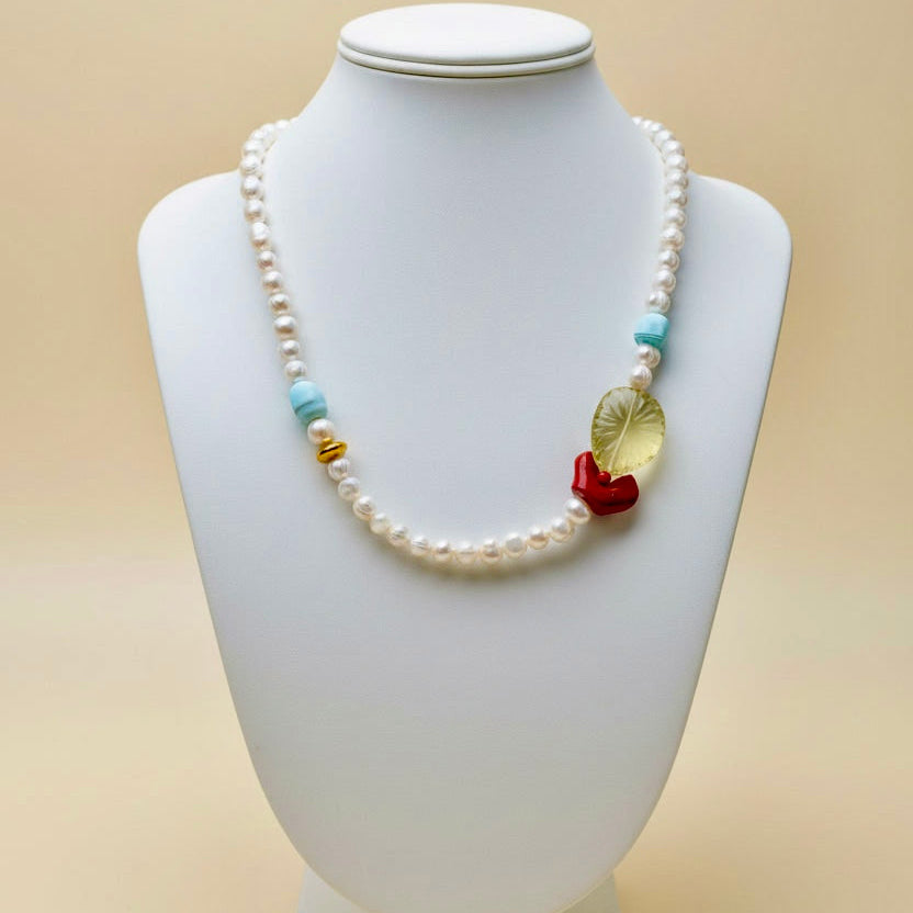 Amalfi Coral, Lemon Quartz & Freshwater Pearl Statement Necklace | One-of-a-Kind Luxury Necklace