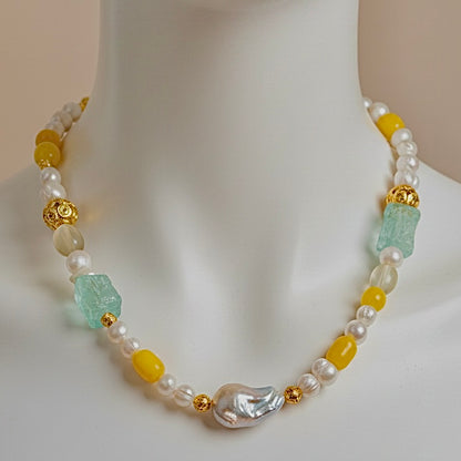 Amalfi Sea Glass, Lemon Quartz & Baroque Pearl Statement Necklace