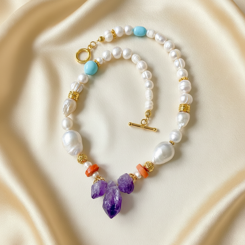 Amalfi Raw Amethyst, Freshwater Pearl & Coral Statement Necklace | One-of-a-Kind Luxury Necklace