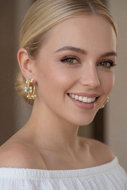 One-of-a-Kind Capri Turquoise & Pearl Wrapped Hoop Earrings