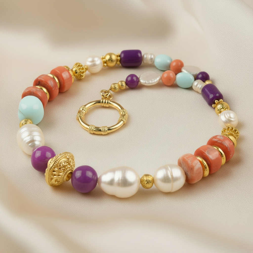 Ibiza Sunset Coral, Pearl & Turquoise Statement Necklace | One-of-a-Kind