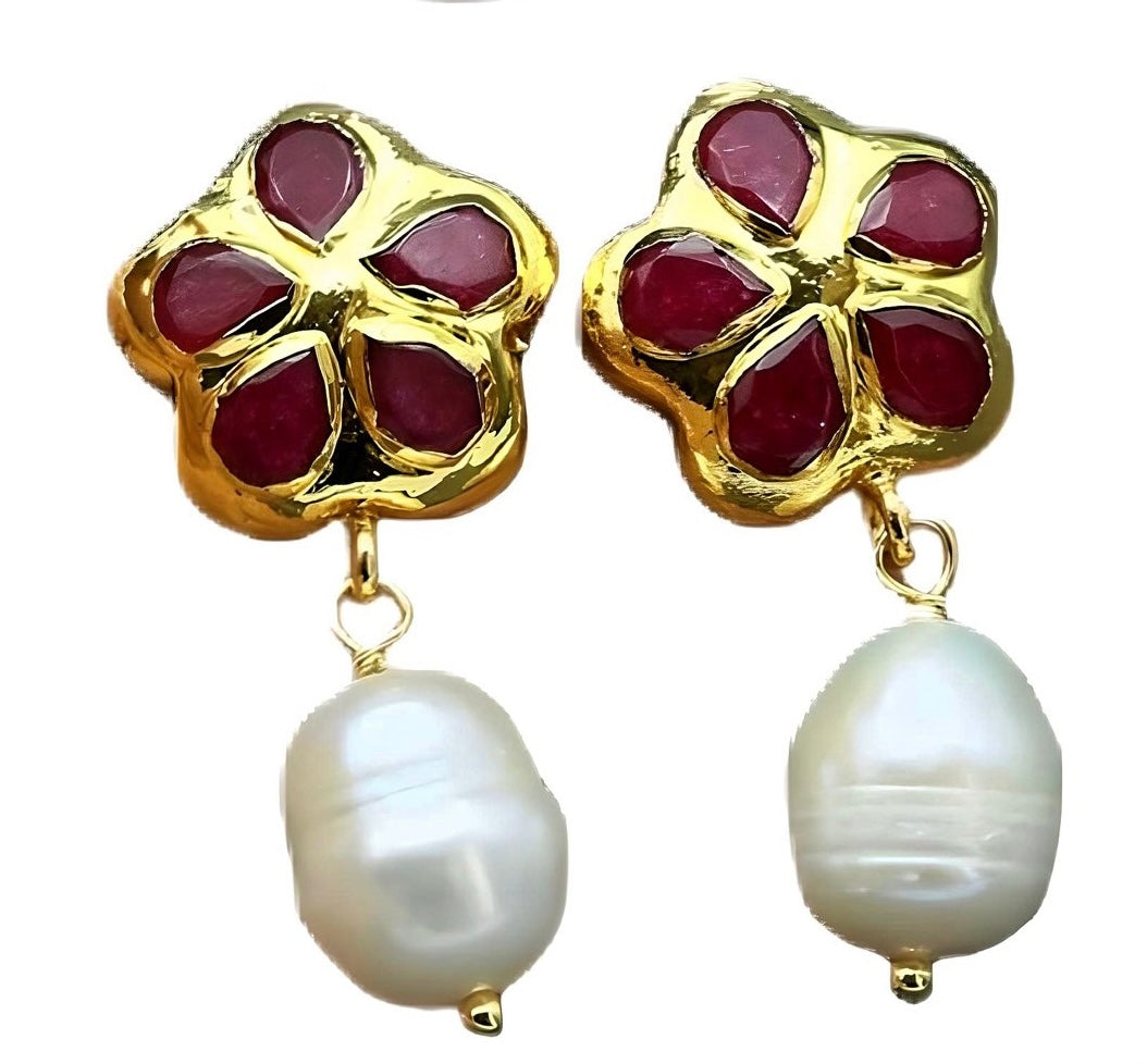 Jade & Freshwater Pearls Drop Earrings - Red or Green Jade