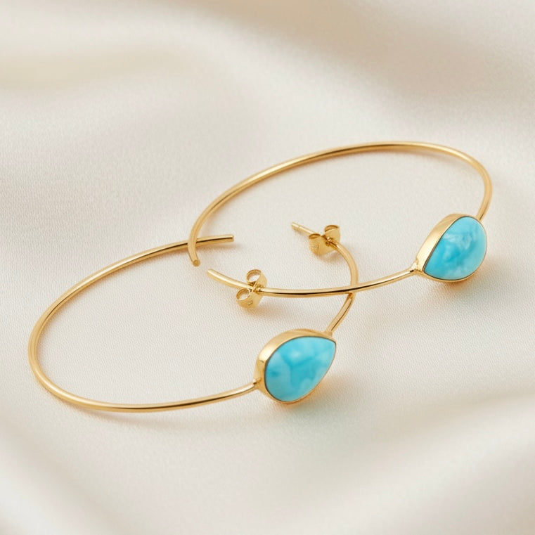 Capri Larimar Heart Necklace & Hoop Earrings Set – 22k Gold Vermeil Coastal Luxury Jewelry