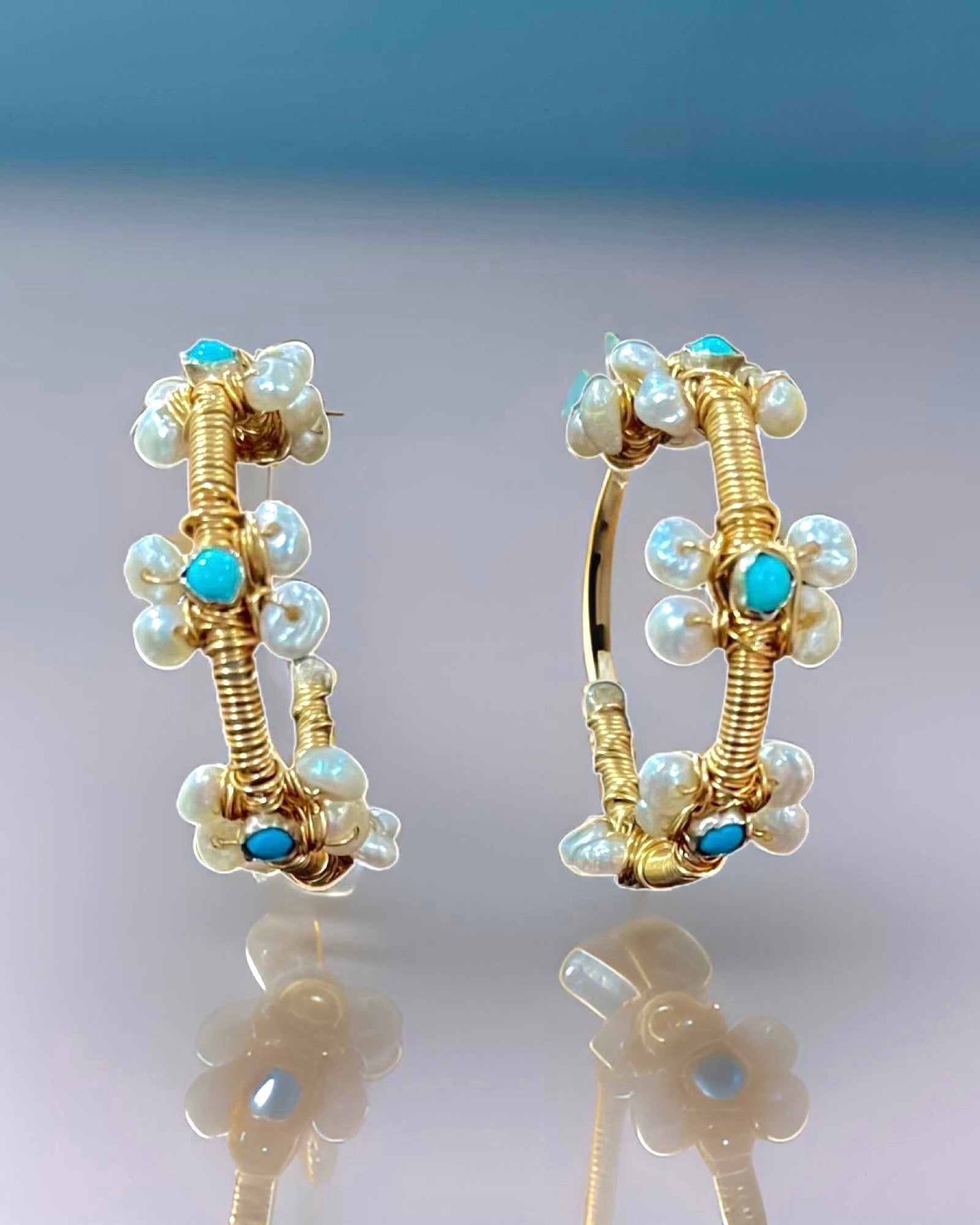 One-of-a-Kind Capri Turquoise & Pearl Wrapped Hoop Earrings