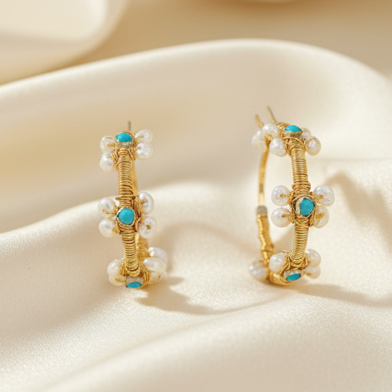 One-of-a-Kind Capri Turquoise & Pearl Wrapped Hoop Earrings