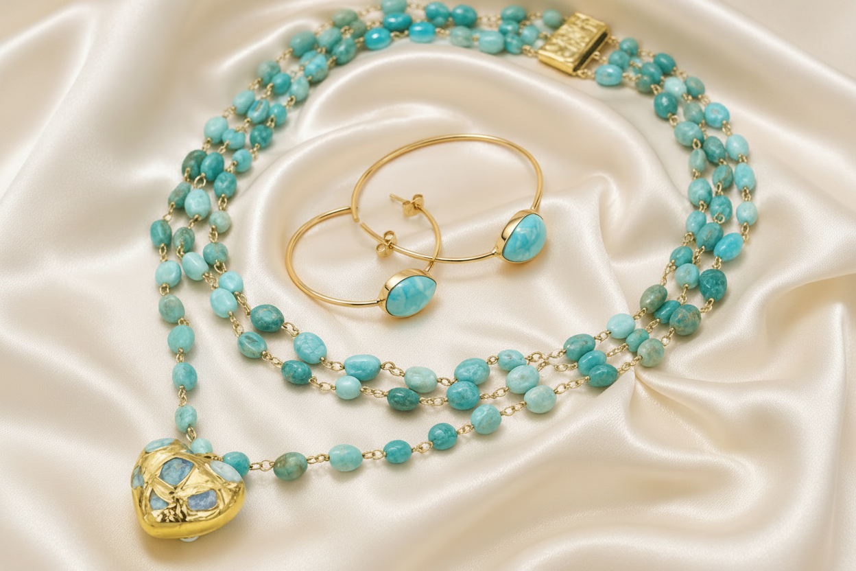 Capri Larimar Heart Necklace & Hoop Earrings Set – 22k Gold Vermeil Coastal Luxury Jewelry