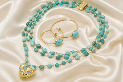 Capri Larimar Heart Necklace & Hoop Earrings Set – 22k Gold Vermeil Coastal Luxury Jewelry